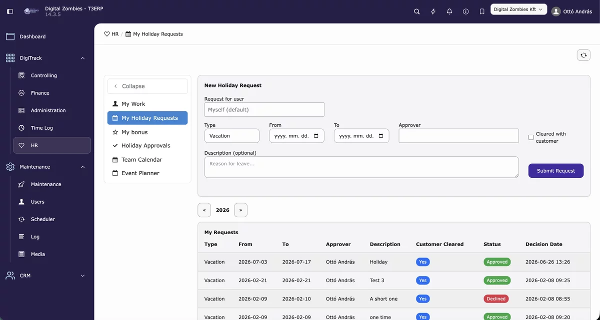 DigiTrack — a business application running in the TYPO3 14 backend