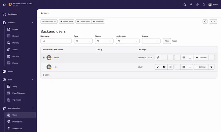 The Invite user button in the Backend Users module