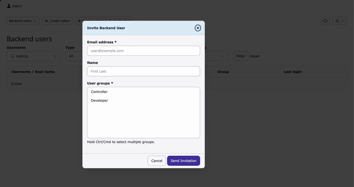 TYPO3 backend: the Invite Backend User dialog with email, name and user-group fields
