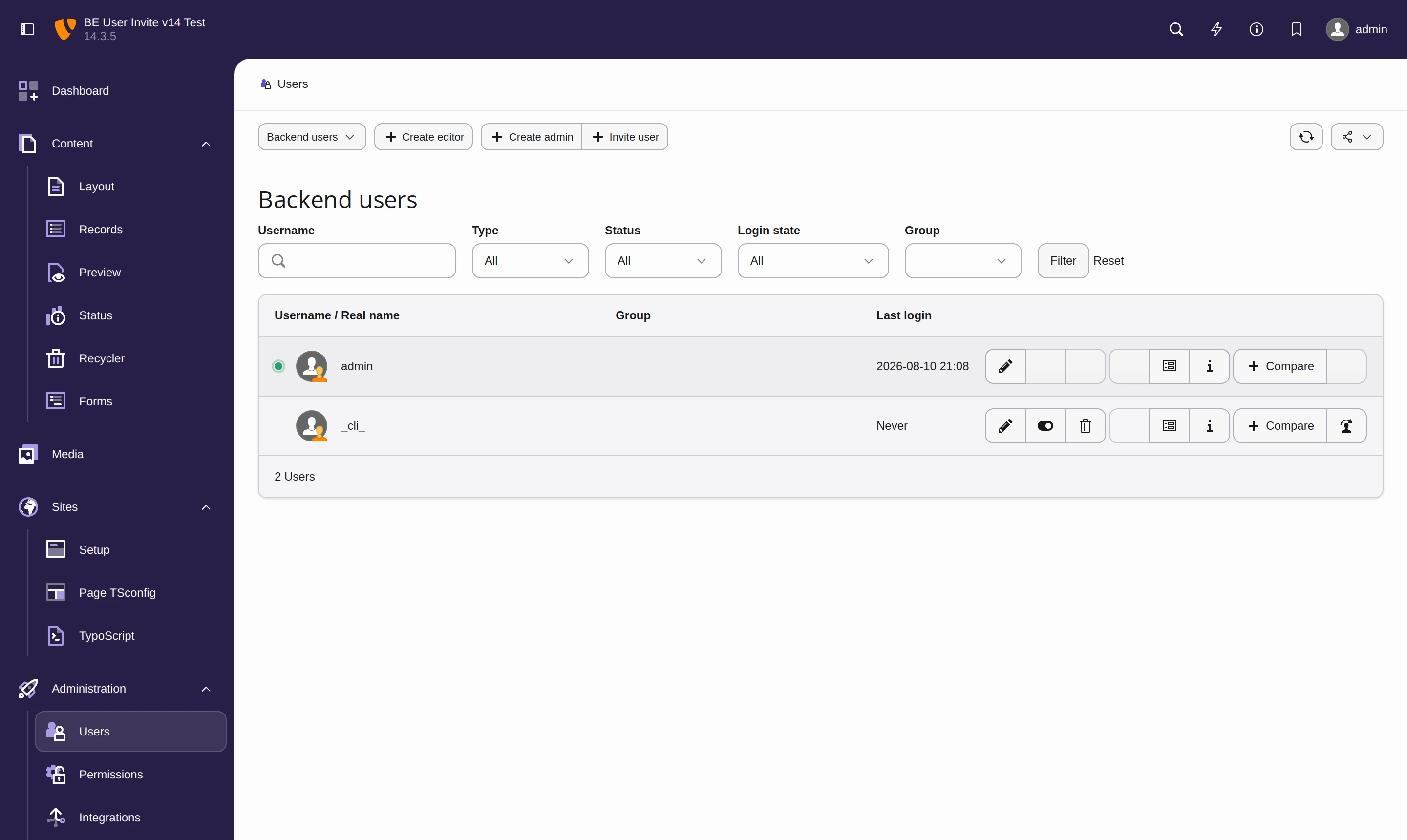 The Invite user button in the Backend Users module