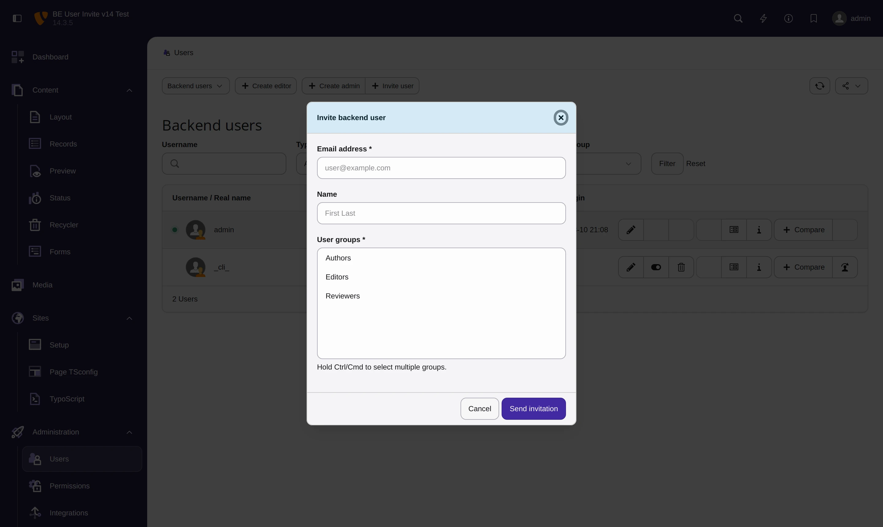 The invite dialog with an empty form