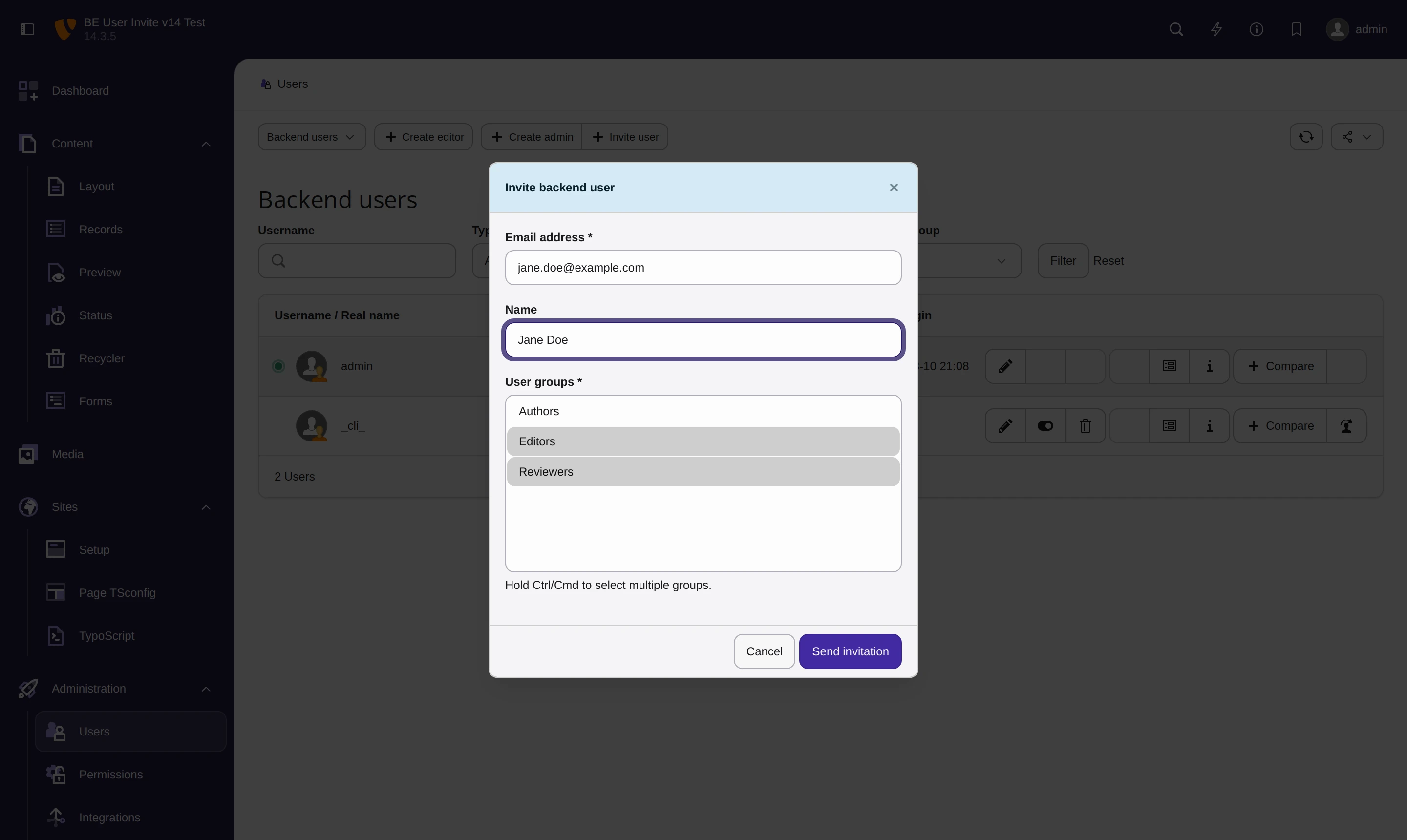 The invite dialog filled in