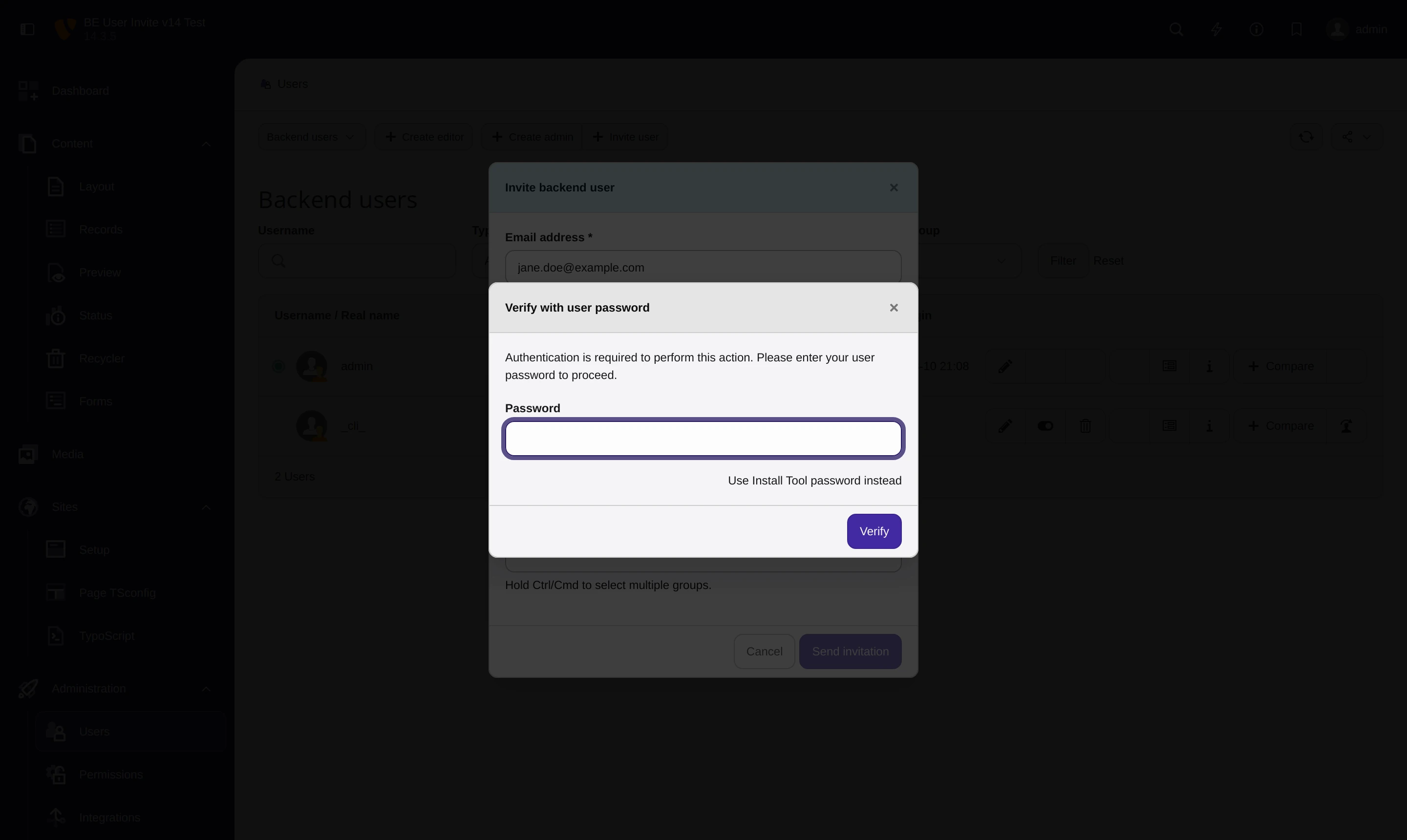 TYPO3's sudo mode password confirmation