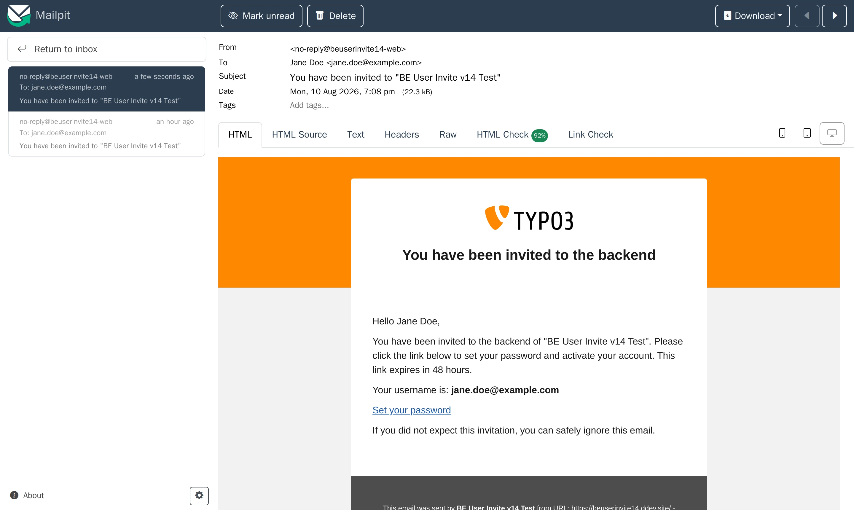 The invitation email