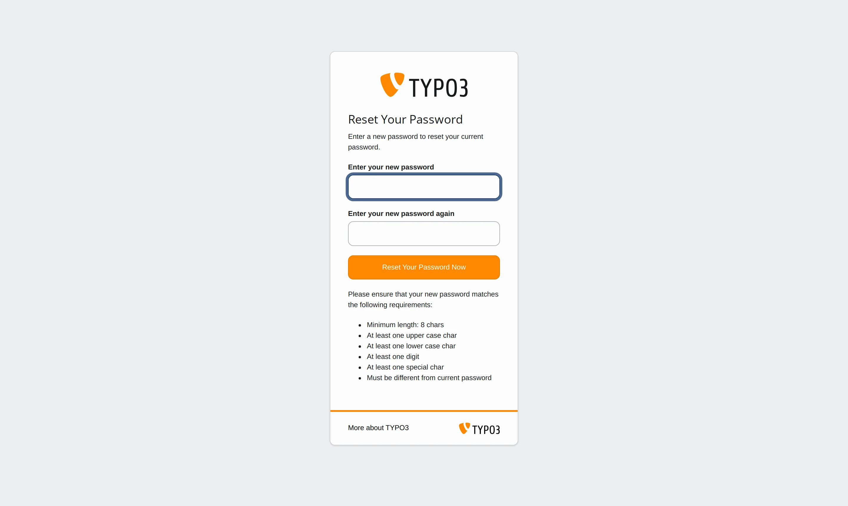 TYPO3's password reset screen opened from the invitation link
